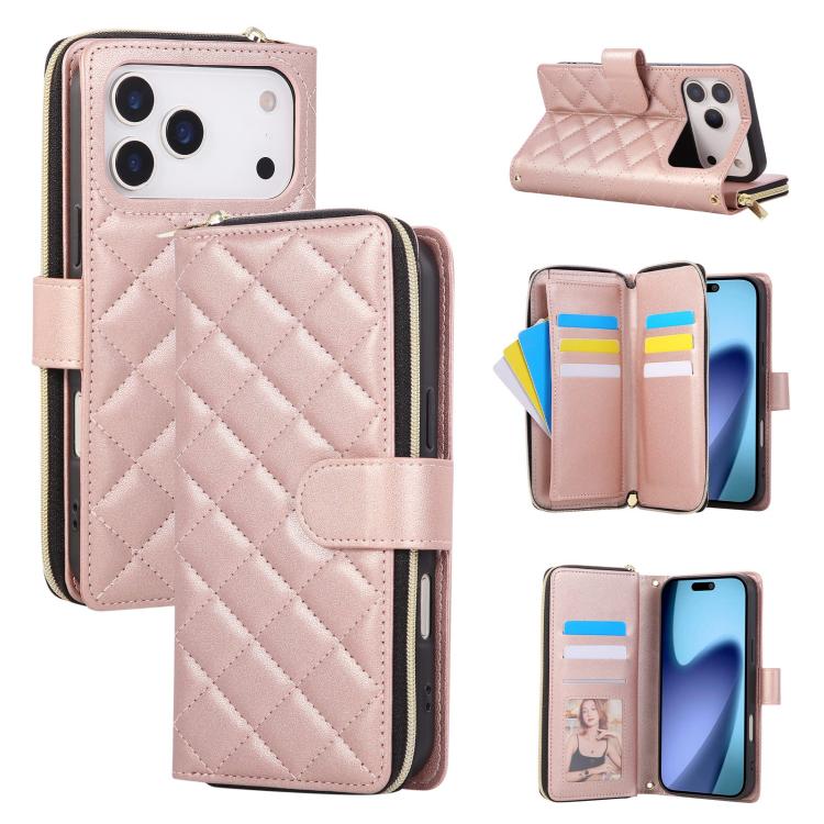 For iPhone 17 Pro Crossbody Rhombic Zipper Tower Buckle Leather Phone Case with Lanyard(Rose Gold)