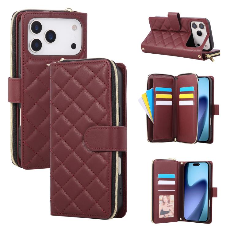 For iPhone 17 Pro Crossbody Rhombic Zipper Tower Buckle Leather Phone Case with Lanyard(Wine Red)