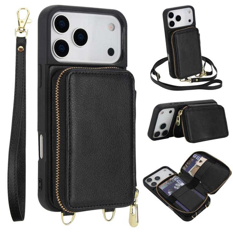 For iPhone 17 Pro Crossbody Zipper RFID Card Bag Phone Case(Black)