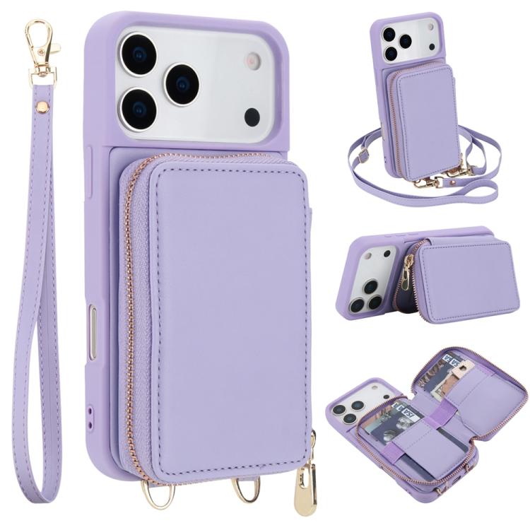 For iPhone 17 Pro Crossbody Zipper RFID Card Bag Phone Case(Light Purple)