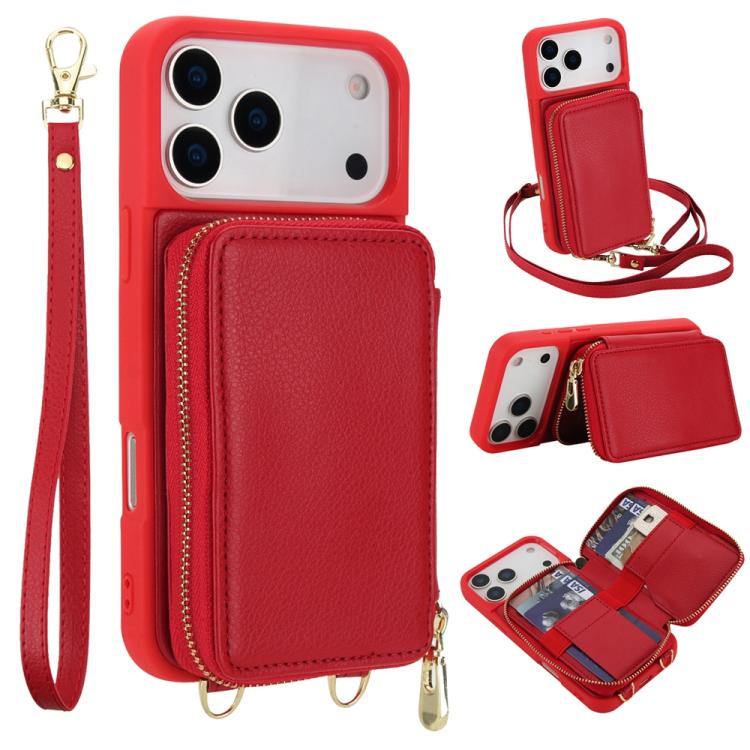 For iPhone 17 Pro Crossbody Zipper RFID Card Bag Phone Case(Red)