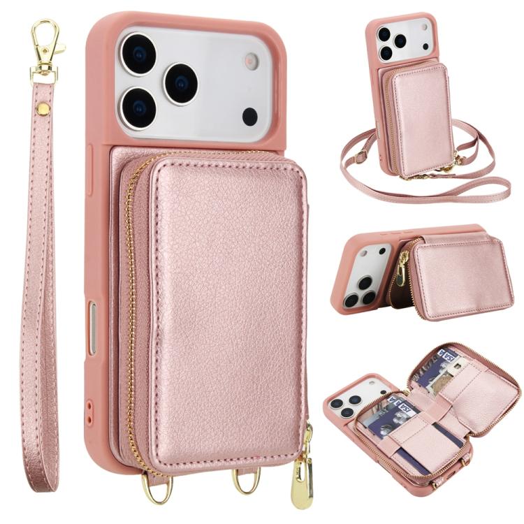 For iPhone 17 Pro Crossbody Zipper RFID Card Bag Phone Case(Rose Gold)