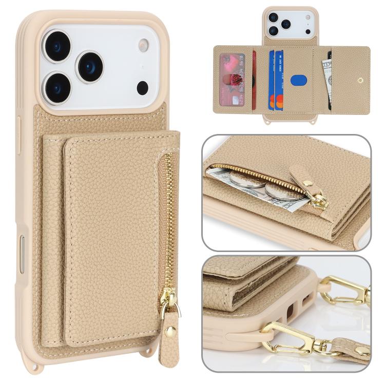 For iPhone 17 Pro Crossbody Zipper Wallet Ring Holder Litchi Leather Phone Case(Apricot)
