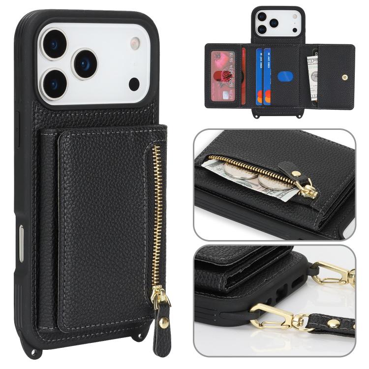 For iPhone 17 Pro Crossbody Zipper Wallet Ring Holder Litchi Leather Phone Case(Black)