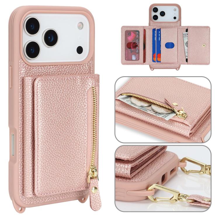 For iPhone 17 Pro Crossbody Zipper Wallet Ring Holder Litchi Leather Phone Case(Rose Gold)