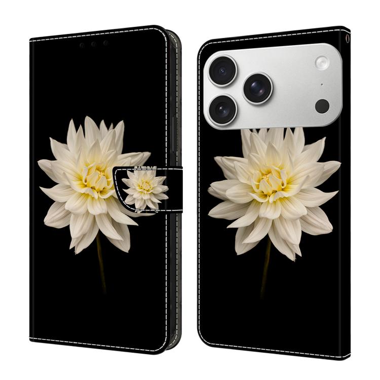 For iPhone 17 Pro Crystal-Like Painted Vegan Leather Phone Case(Black Background White Flowers)