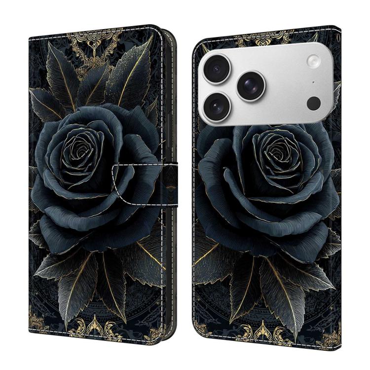 For iPhone 17 Pro Crystal-Like Painted Vegan Leather Phone Case(Black Gold Rose)