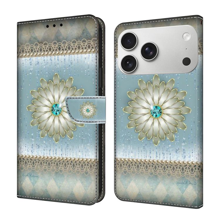 For iPhone 17 Pro Crystal-Like Painted Vegan Leather Phone Case(Blue Diamond Flower)