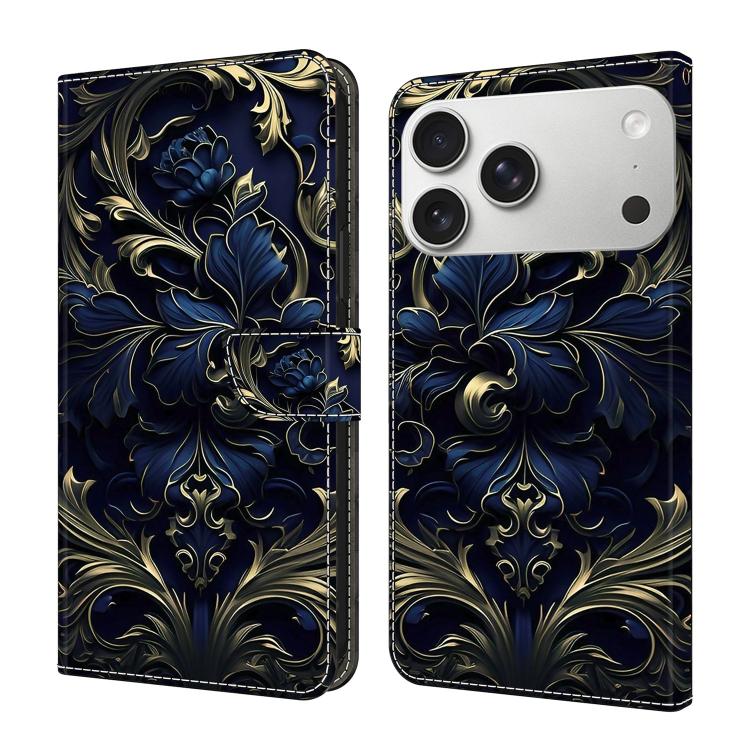 For iPhone 17 Pro Crystal-Like Painted Vegan Leather Phone Case(Blue Flower)