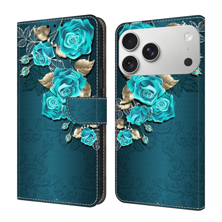 For iPhone 17 Pro Crystal-Like Painted Vegan Leather Phone Case(Blue Rose)