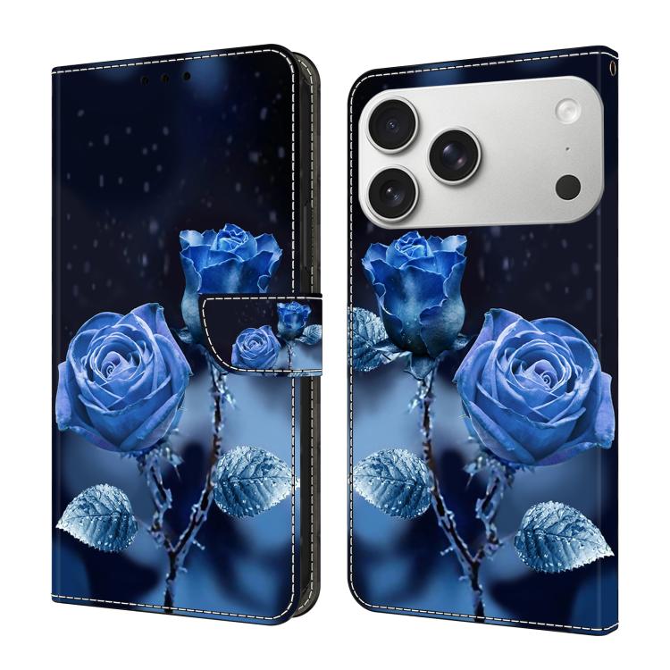 For iPhone 17 Pro Crystal-Like Painted Vegan Leather Phone Case(Blue Rose)