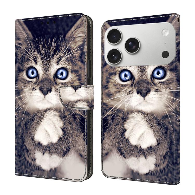 For iPhone 17 Pro Crystal-Like Painted Vegan Leather Phone Case(Cat with Folded Paws)