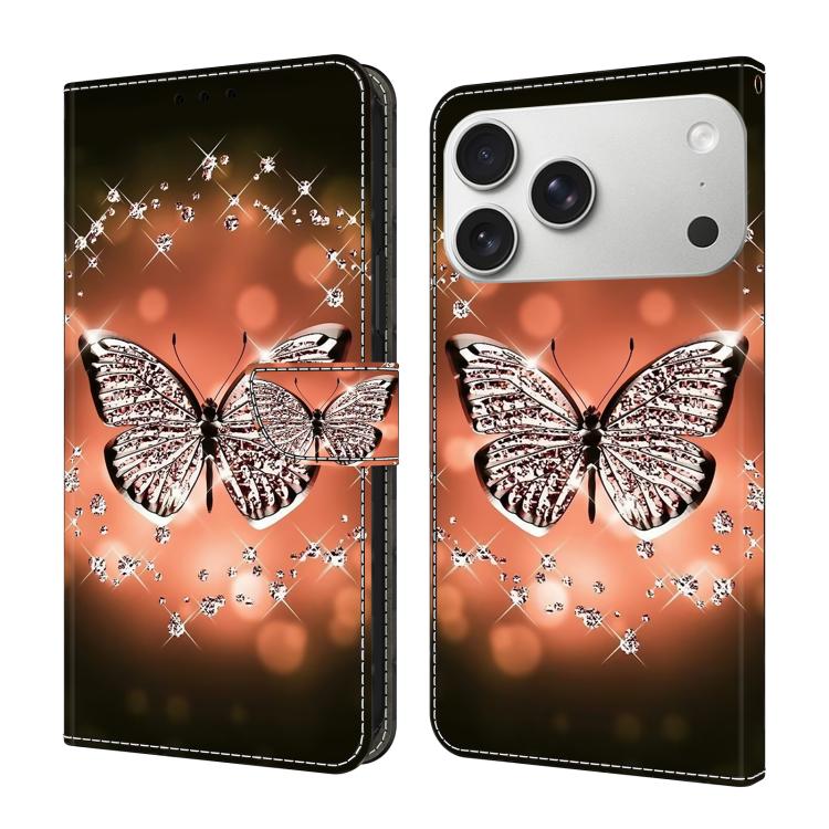 For iPhone 17 Pro Crystal-Like Painted Vegan Leather Phone Case(Crystal Butterfly)