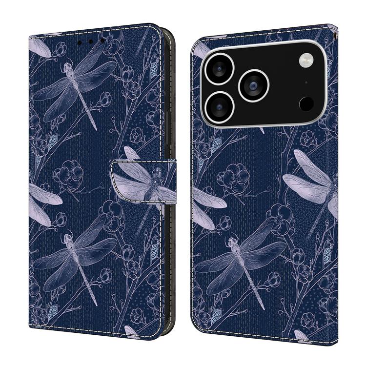 For iPhone 17 Pro Crystal-Like Painted Vegan Leather Phone Case(Dragonflies)
