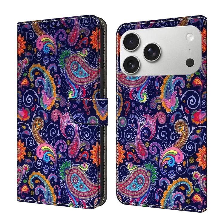 For iPhone 17 Pro Crystal-Like Painted Vegan Leather Phone Case(Ethnic Vines)