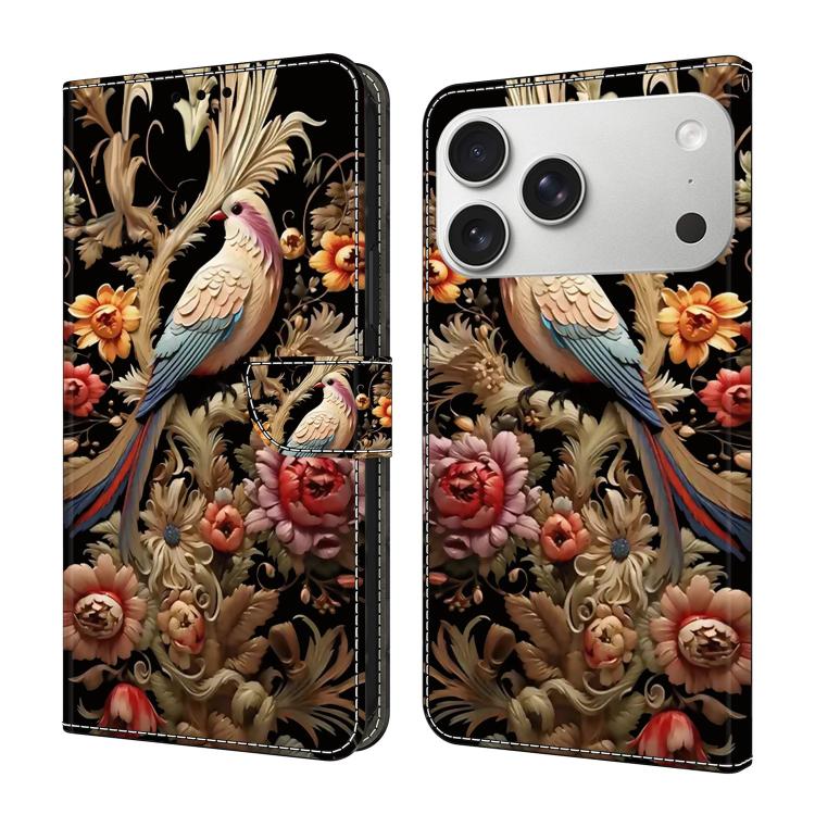 For iPhone 17 Pro Crystal-Like Painted Vegan Leather Phone Case(Flowers Bird)