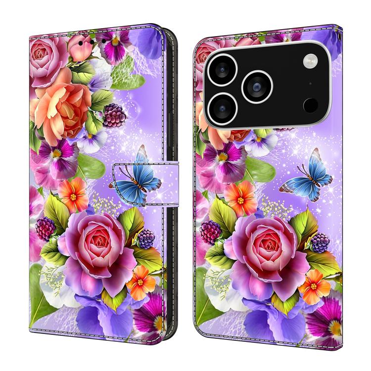 For iPhone 17 Pro Crystal-Like Painted Vegan Leather Phone Case(Fresh Flowers)