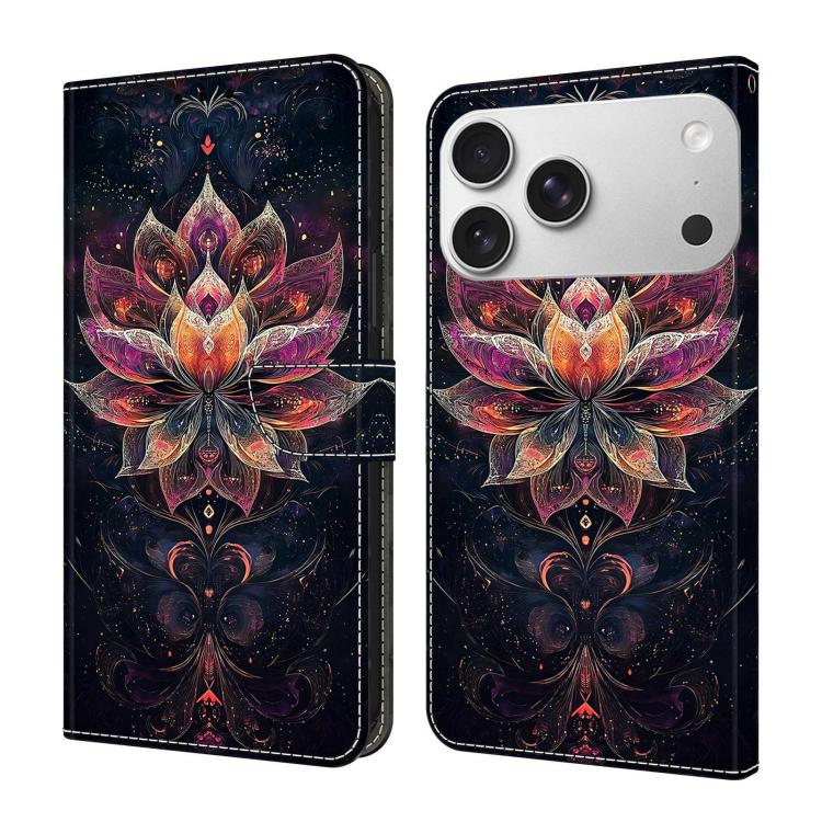 For iPhone 17 Pro Crystal-Like Painted Vegan Leather Phone Case(Golden Lotus Flower)