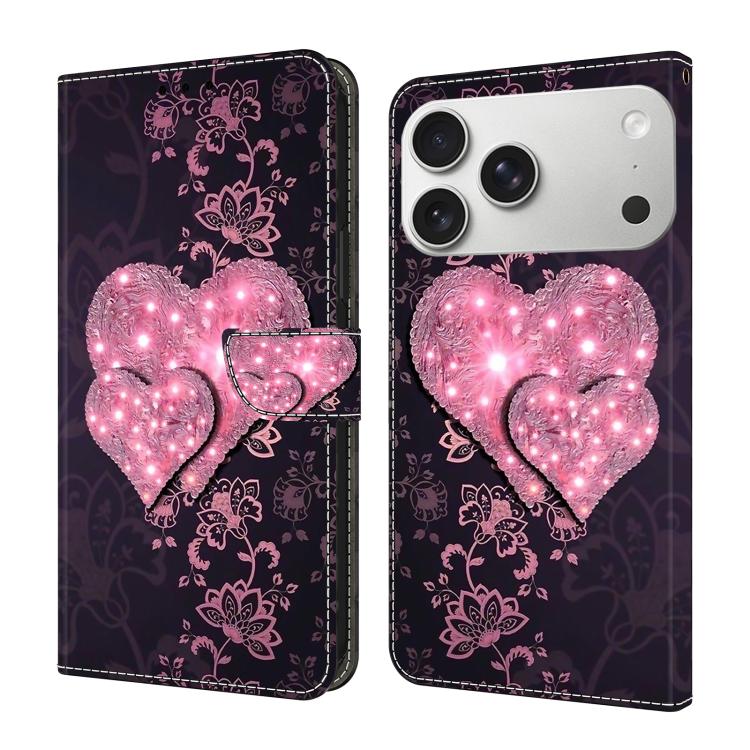 For iPhone 17 Pro Crystal-Like Painted Vegan Leather Phone Case(Lace Heart Peach)
