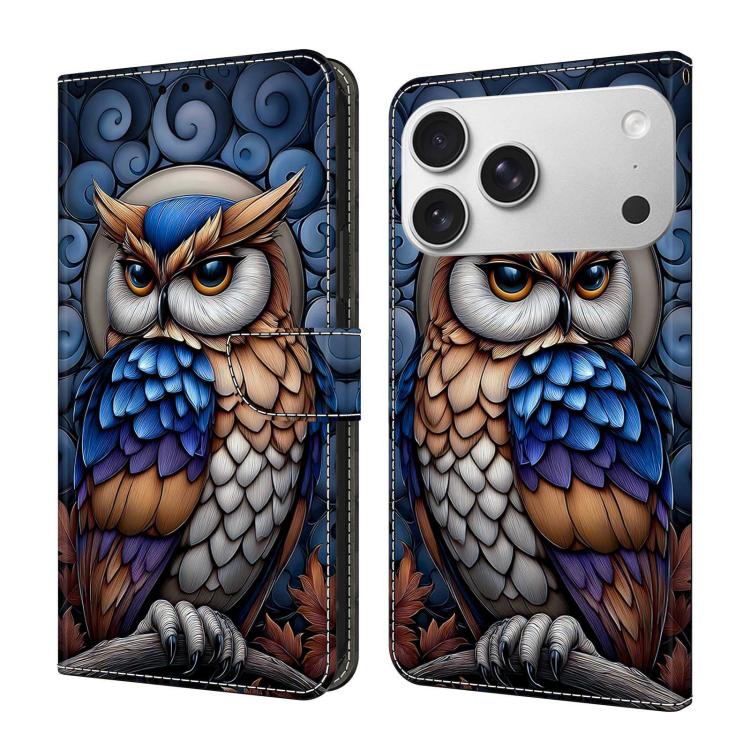 For iPhone 17 Pro Crystal-Like Painted Vegan Leather Phone Case(Owl)