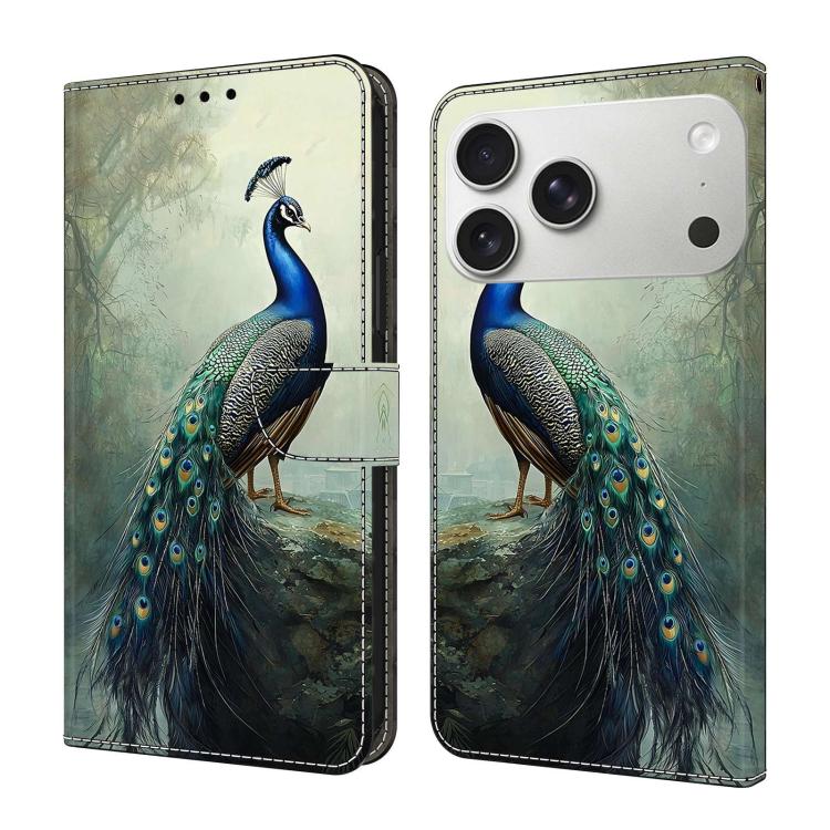 For iPhone 17 Pro Crystal-Like Painted Vegan Leather Phone Case(Peacock)