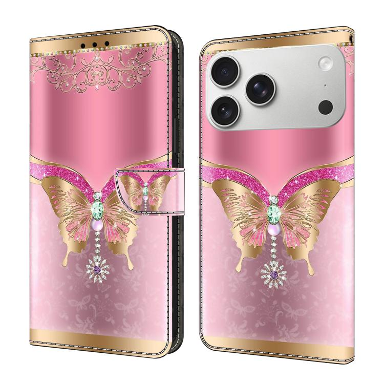 For iPhone 17 Pro Crystal-Like Painted Vegan Leather Phone Case(Pink Base Diamond Butterfly)