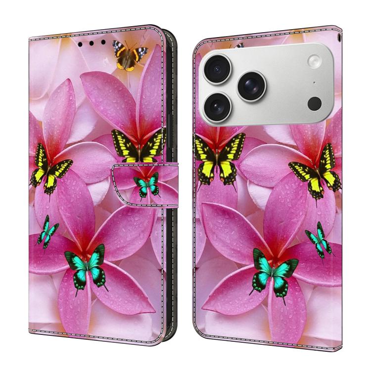 For iPhone 17 Pro Crystal-Like Painted Vegan Leather Phone Case(Pink Butterfly)