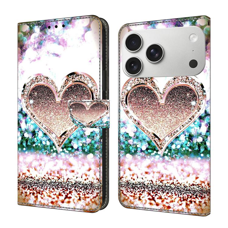 For iPhone 17 Pro Crystal-Like Painted Vegan Leather Phone Case(Pink Diamond Heart Peach)