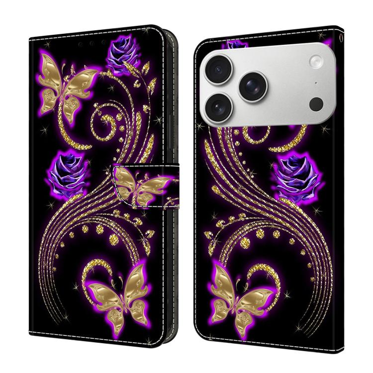 For iPhone 17 Pro Crystal-Like Painted Vegan Leather Phone Case(Purple Flower Butterfly)
