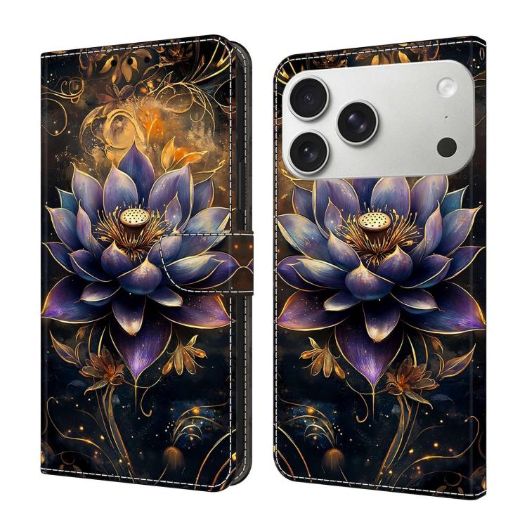 For iPhone 17 Pro Crystal-Like Painted Vegan Leather Phone Case(Purple Lotus Flower)