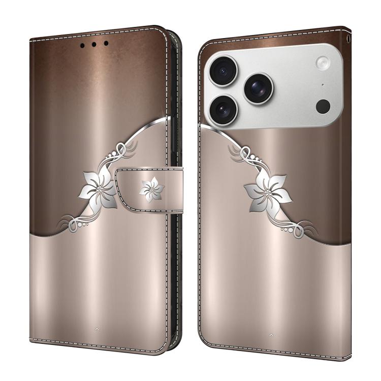 For iPhone 17 Pro Crystal-Like Painted Vegan Leather Phone Case(Silver Flowers)