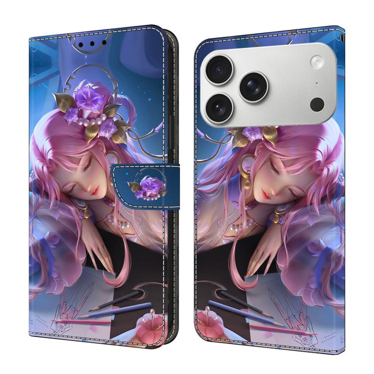 For iPhone 17 Pro Crystal-Like Painted Vegan Leather Phone Case(Sleeping Beauty)