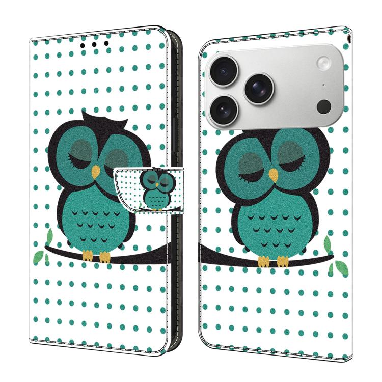 For iPhone 17 Pro Crystal-Like Painted Vegan Leather Phone Case(Sleeping Owl)