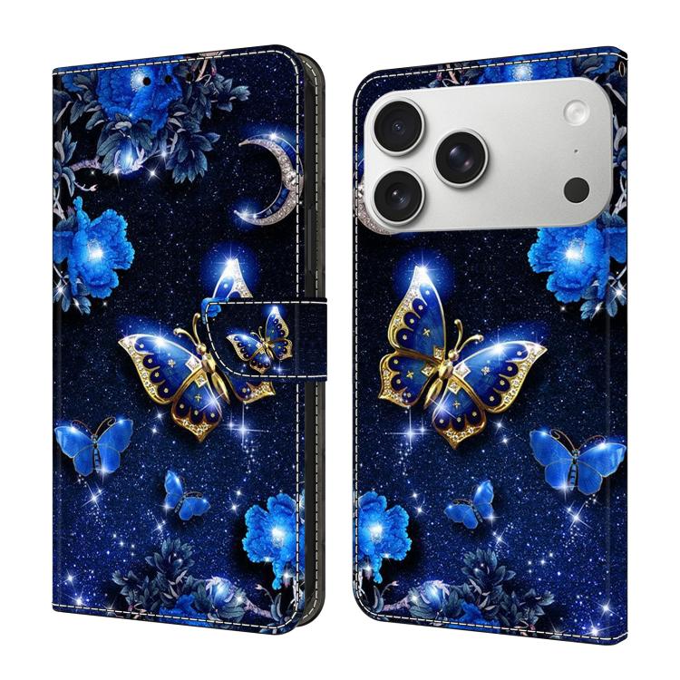 For iPhone 17 Pro Crystal-Like Painted Vegan Leather Phone Case(Sparkling Diamond Butterfly)