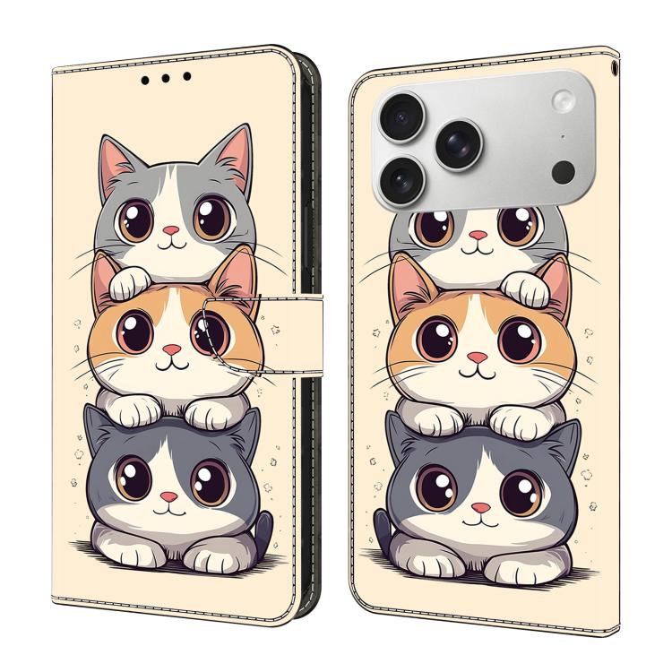 For iPhone 17 Pro Crystal-Like Painted Vegan Leather Phone Case(Stacking Cats)