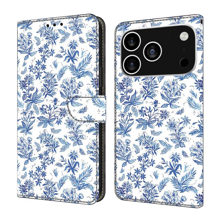For iPhone 17 Pro Crystal-Like Painted Vegan Leather Phone Case(Watercolor Flowers Plants)