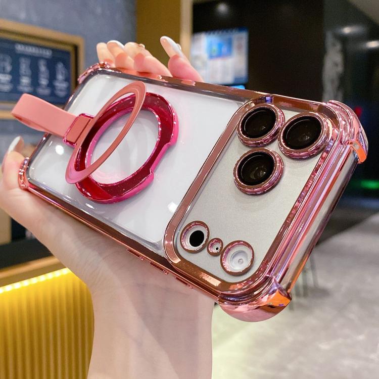 For iPhone 17 Pro Crystal Shield Ring Holde TPU + Acrylic Magnetic Phone Case(Pink)