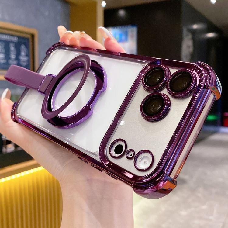 For iPhone 17 Pro Crystal Shield Ring Holde TPU + Acrylic Magnetic Phone Case(Purple)