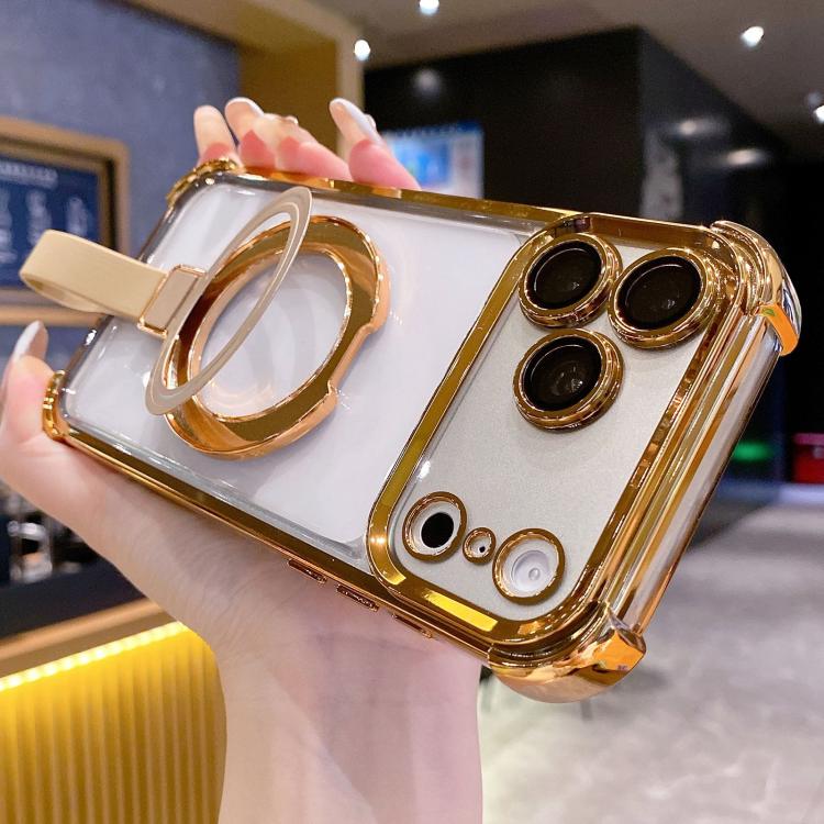 For iPhone 17 Pro Crystal Shield Ring Holde TPU + Acrylic Magnetic Phone Case(Yellow)