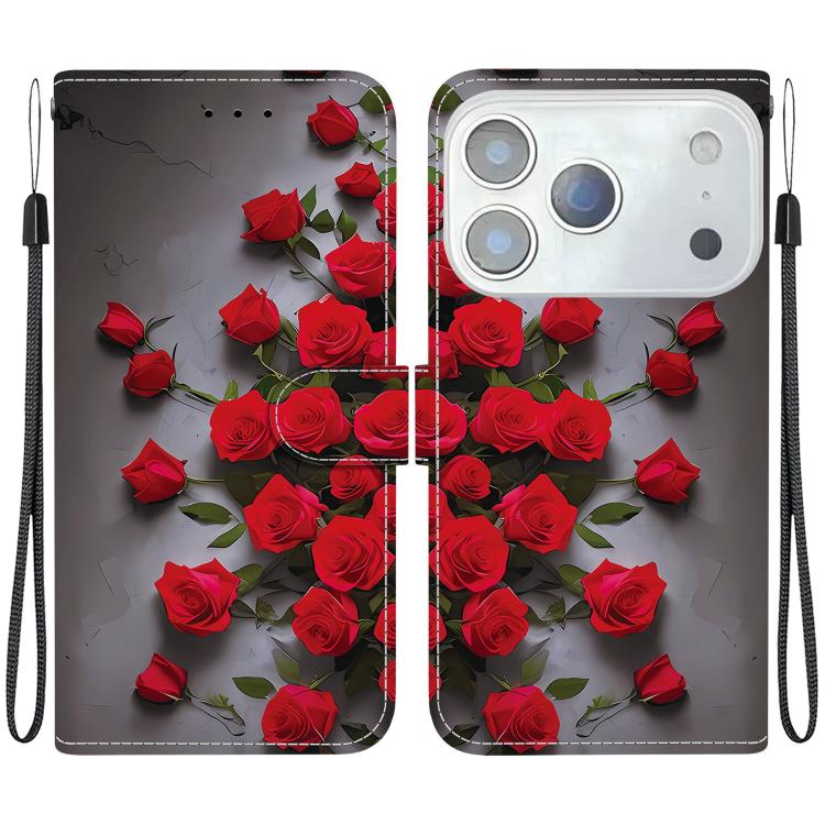 For iPhone 17 Pro Crystal Texture Colored Drawing Leather Phone Case(Red Roses)