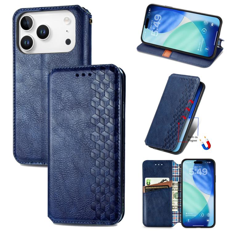 For iPhone 17 Pro Cubic Grid Pressed Magnetic Leather Phone Case(Blue)