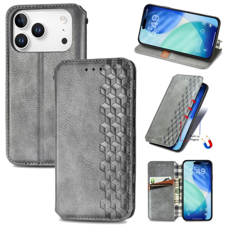 For iPhone 17 Pro Cubic Grid Pressed Magnetic Leather Phone Case(Gray)