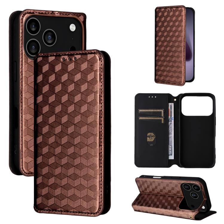 For iPhone 17 Pro Cubic Grid Texture Flip Leather Phone Case(Brown)