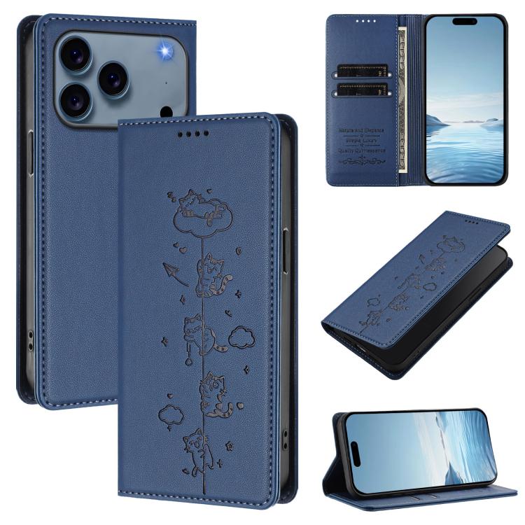 For iPhone 17 Pro Cute Cats Embossed Magnetic RFID Vegan Leather Phone Case(Dark Blue)