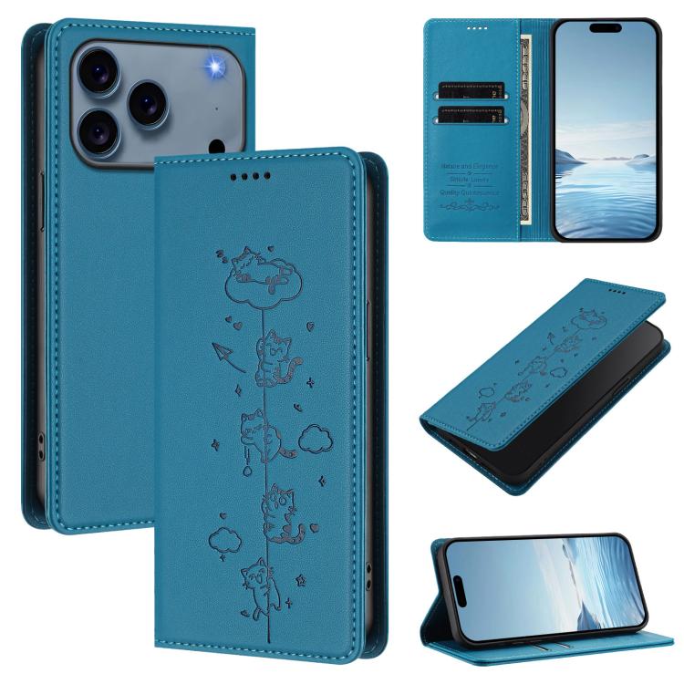 For iPhone 17 Pro Cute Cats Embossed Magnetic RFID Vegan Leather Phone Case(Lake Blue)
