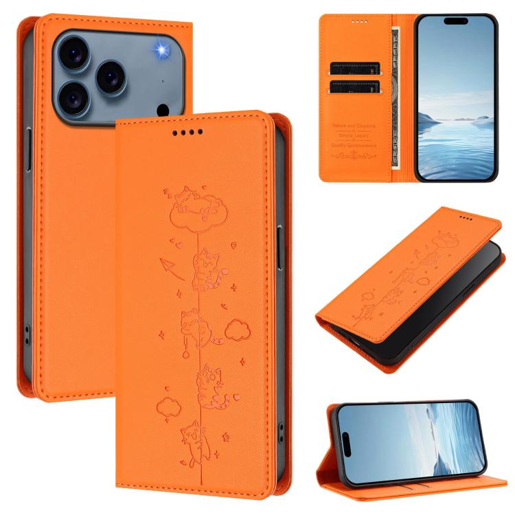 For iPhone 17 Pro Cute Cats Embossed Magnetic RFID Vegan Leather Phone Case(Orange)