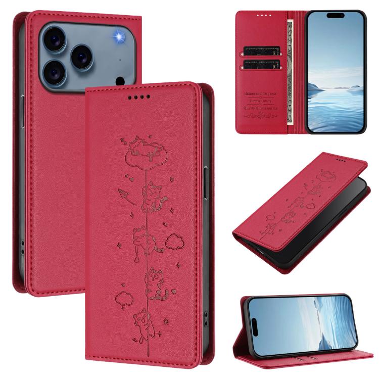 For iPhone 17 Pro Cute Cats Embossed Magnetic RFID Vegan Leather Phone Case(Red)