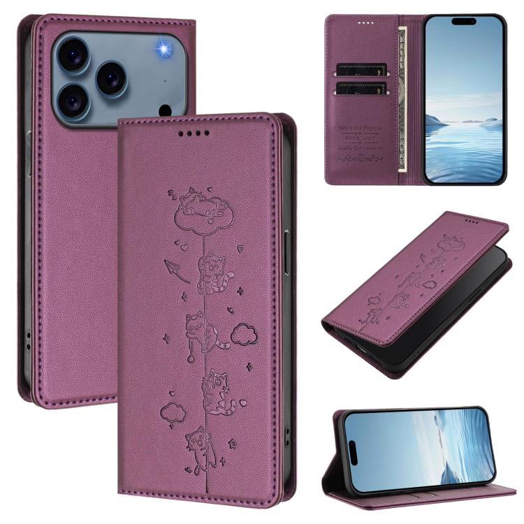 For iPhone 17 Pro Cute Cats Embossed Magnetic RFID Vegan Leather Phone Case(Violet Purple)