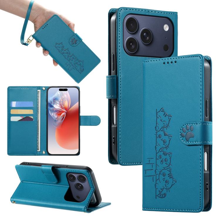 For iPhone 17 Pro Cute Cats Magnetic Closure Vegan Leather Phone Case with Strap(Blue)
