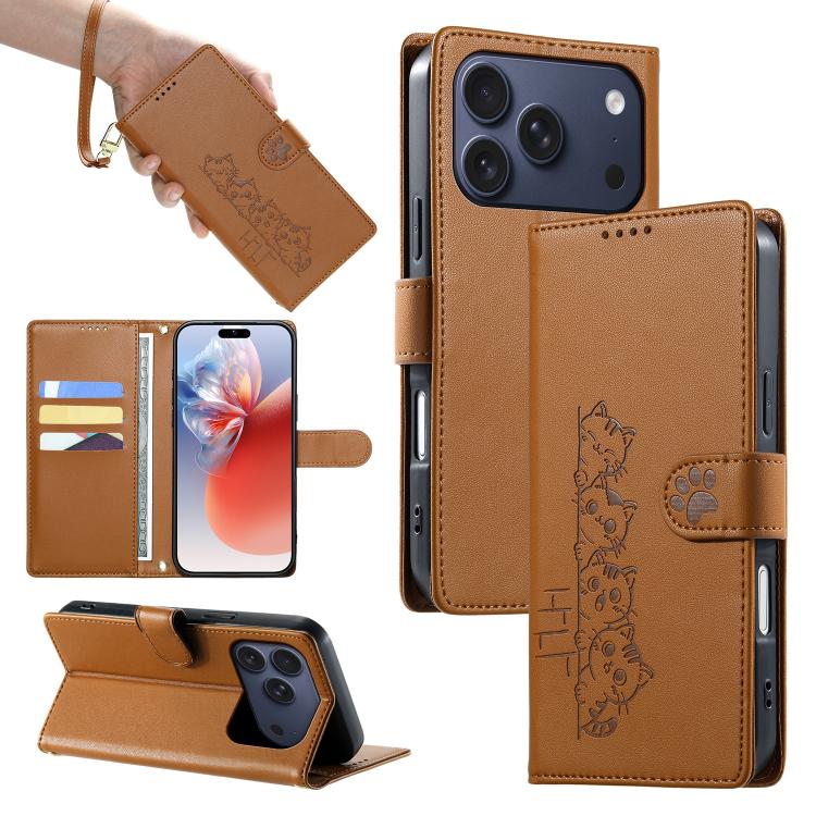 For iPhone 17 Pro Cute Cats Magnetic Closure Vegan Leather Phone Case with Strap(Brown)